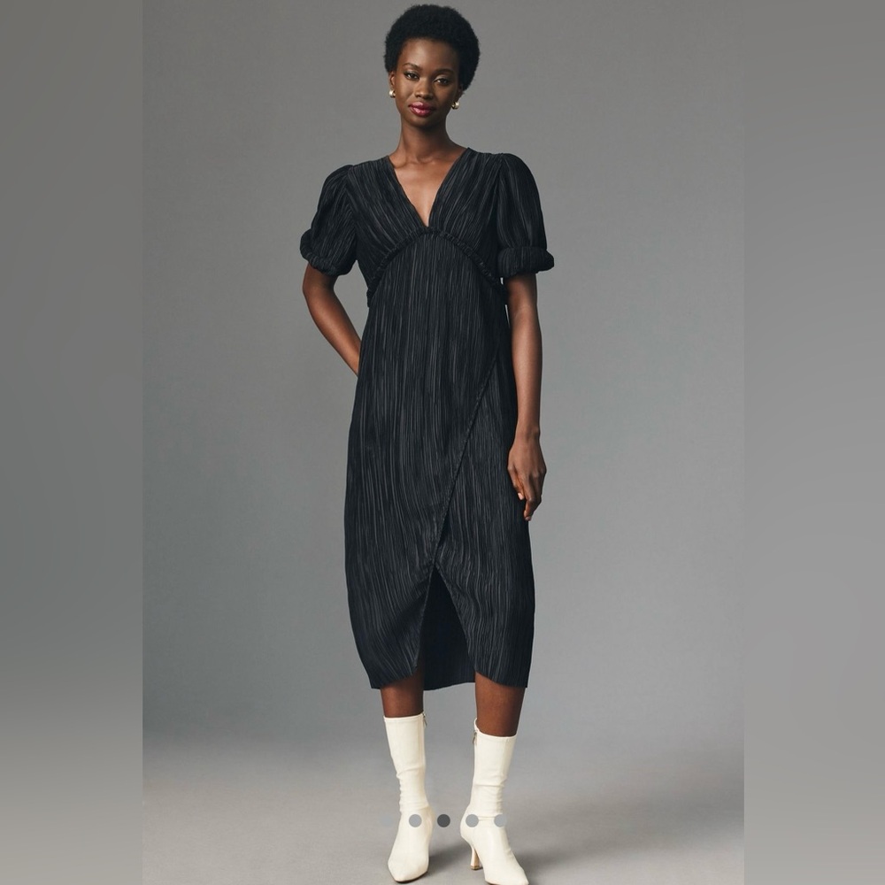 Anthropologie V-Neck Pleated Slim Midi Dress